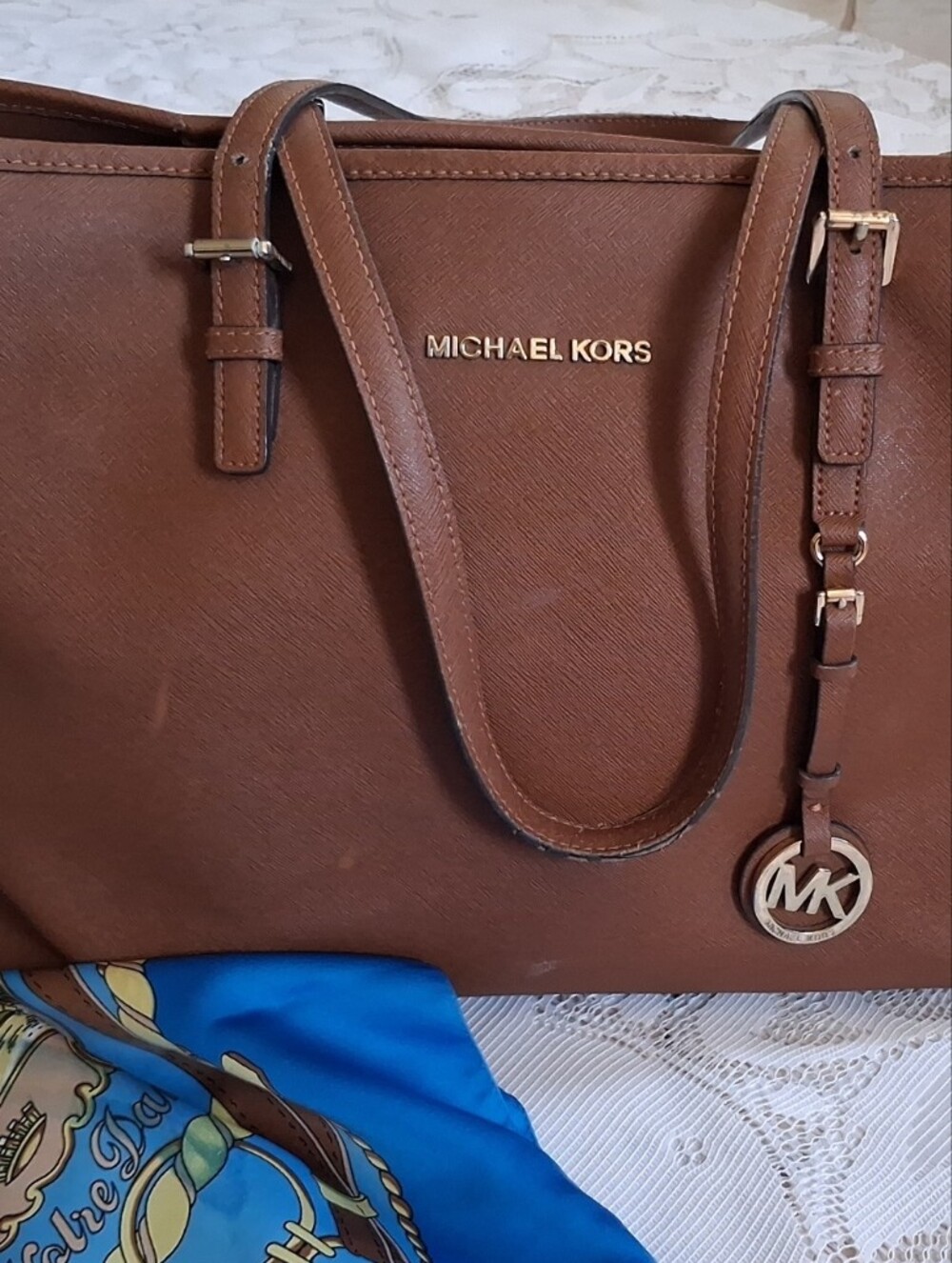 Michael Kors Brown Saffiano Tote with Gold Hardware, with Scarf